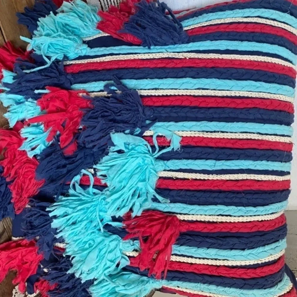 Red and Blue Tassel Striped Throw Pillow